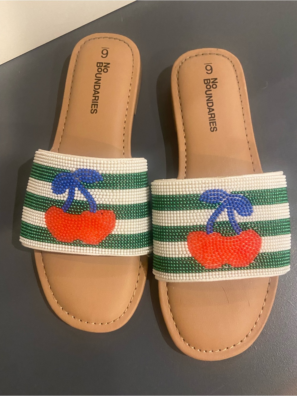 No Boundaries Green and White Striped Beaded Cherry Slide Sandals